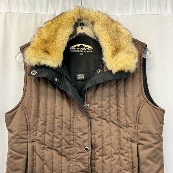 Sun Mountain Puffer Vest Multicolor Snap Faux Fur Trim Collar Pockets Medium - Picture 7 of 10